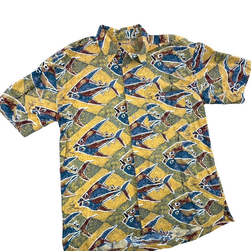 Imprints Mens Vintage Abstract Fish Print Rayon Short Sleeve Button Down Shirt M